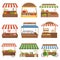 Local market. Outdoor shop places fresh farm foods vegetables fruits milk and meat owners vector illustrations