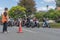 Local people taking part in covid pandemic anti-mandate protest march lead by motorcycle cavalcade leave Memorial park and proceed