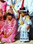 Local people in traditional costumes taking part in wedding ceremony at Mahamuni Pagoda, Mandalay, Myanmar