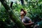 local ticuna tribal member measuring a log to fall in the middle of the rainforest