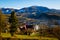 Local town in mountains. Early spring landscape. Volovets, Ukraine