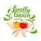 Locally grown. Vector logo, locavore food. Lettering with calligraphy with vegetable. Hands hold tomatoes and peas. For