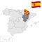 Location of  Aragon on map Spain. 3d Aragon location sign similar to the flag of Aragon. Quality map  with regions Kingdom of Spai