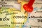 Location Congo, map with push pin close-up, travel and journey concept with marker, Africa