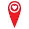 Location heart in map. Travel mark. Logo on pin