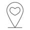 Location indicator with heart thin line icon, lovely place concept, Favorite location sign on white background, GPS