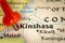 Location Kinshasa in Democratic republic of the Congo, map with push pin close-up, travel and journey concept with