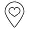 Location map pin with heart line icon, dating concept, favourite place vector sign on white background, outline style