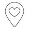 Location map pin with heart thin line icon, dating concept, favourite place vector sign on white background, outline