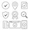 Location pin map, quality certified, shield, check list test document signs with checkmark. Outline approved and correct icon in