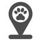 Location pin with pet paw print solid icon, pets concept, map pointer with pawprints vector sign on white background