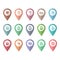 Location pin pointer for places, cafe, restaurant colorful vector long shadow icon set for maps.