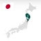 Location of  Prefecture Miyagi on map Japan. 3d Miyagi location mark. Quality map  with regions of Japan