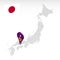 Location of Prefecture Okayama on map Japan. 3d Okayama location mark. Quality map  with regions of Japan for your web site design