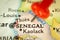 Location Senegal and Kaolack, map with push pin close-up, travel and journey concept with marker, Africa