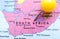 Location South Africa map, yellow clerical needle on map. Close up of South Africa map