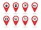 Locations icons. A collection of map markers with service marks. Vector illustration. Red flat locations