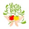 Locavore. Vector logo for locally grown food. Lettering with handwright calligraphy with vegetable. Hands hold tomatoes