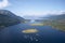 Loch Leven aerial view showing Ballachulish bridge and fish farm nets in Glencoe Scotland