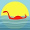 Loch Ness Nessy fictional creature. Water monster with eye, tail Swimming floating Sea ocean wave sunset. Dinosaur shape. Cute car