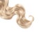 Lock of blonde wavy hair on white background