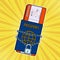 Lock with chain on the passport and plane tickets. Pop art retro vector illustrati