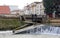 Lock on the dam by The Old Bridge, Ponte Velha, over Nabanus River, Tomar, Portugal