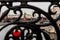 The lock on the forged lattice of the bridge is out of focus and a beautiful view of the Kremlin