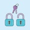 Lock with key colored line icon, defense, guarantee vector illustration