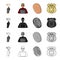 Lock picks in hand, criminal hacker, fingerprint, police badge. Crime set collection icons in cartoon black monochrome