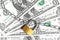 Lock security and chain on dollars banknotes background