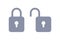 Lock and unlock icons, open and closed gray padlock security symbol with keyholes