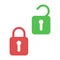 Lock and unlock. Icons of open and closed padlock. Security with key or password. Lock for door or safe. Symbol safety, privacy