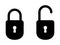 Lock Unlock Symbol Icon. Padlock Open and Close Secured or Unsecured Security.  Black Illustration Isolated on a White Background