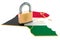 Lockdown in Kuwait. Padlock with map, border protection concept. 3D rendering