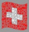 Lockdown Waving Swiss Flag - Collage with Lock Icons and Coronaviruses