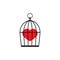 Locked bird cage with red heart icon. Trap, imprisonment, jail concept