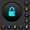 Locked combination lock with side numbers dark push buttons with color icons