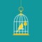 Locked golden bird cage with golden bird inside. Trap, imprisonment, jail concept