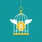 Locked golden bird cage and golden dollar coin with wings. Trap, imprisonment, jail concept