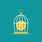 Locked golden bird cage and golden euro coin. Trap, imprisonment, jail concept