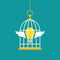 Locked golden bird cage with golden light bulb. Trap, imprisonment, jail concept