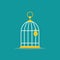 Locked golden bird cage with golden lock icon. Trap, imprisonment, jail concept