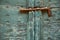 Locked old wooden door, green close up texture