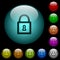 Locked padlock with keyhole icons in color illuminated glass buttons