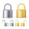 Locked And Unlocked Padlock Realistic Set Illustration. Gold And Steel. Security Concept. Metal Lock For Safety And Privacy
