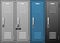 Locker room metal cabinets, row of school or gym lockers, blue and grey luggage storage