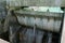 Locks and weir of a dam on a turquoise colored mountain lake water reservoir