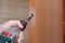 The locksmith uses a flat spade bit  for wood  to drill a handle hole with a lock in an interior wooden door