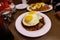 Loco Moco , traditional Hawaiian cuisine , burger patty on rice with a fried egg and brown gravy sauce